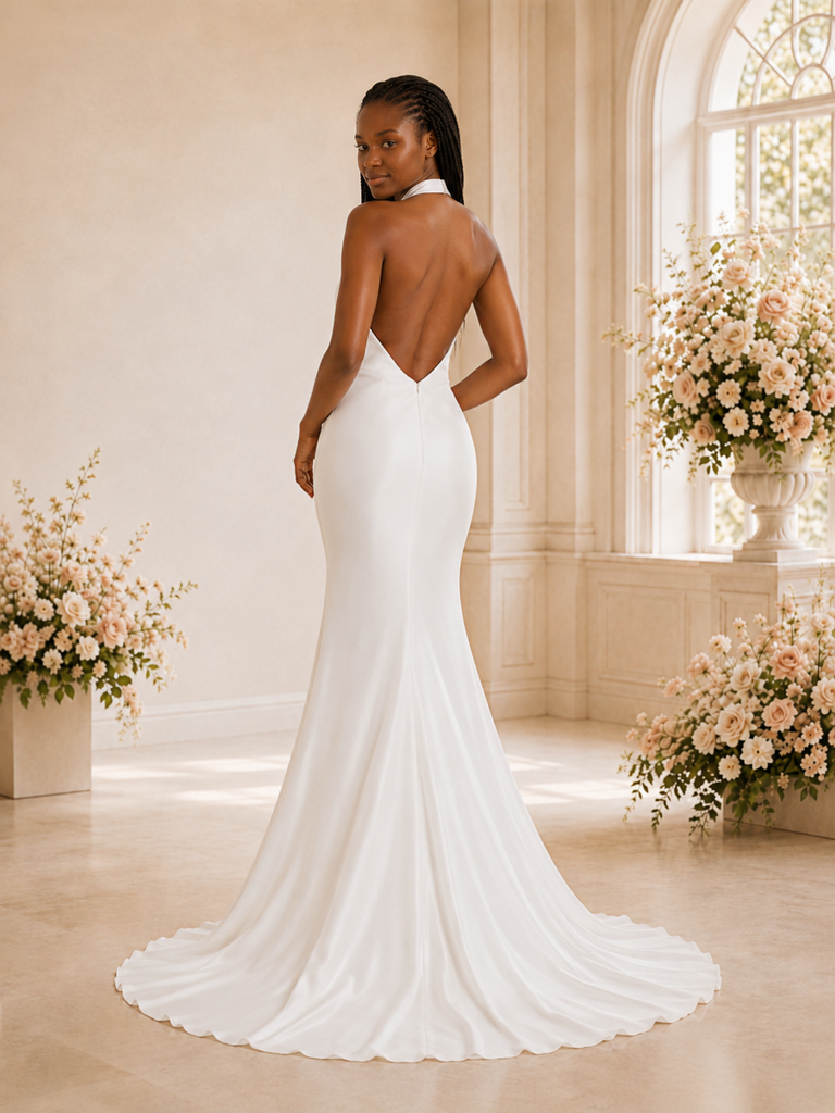 ChicSew Elegant Halter Mermaid Satin Floor-Length Open Back Wedding Dress