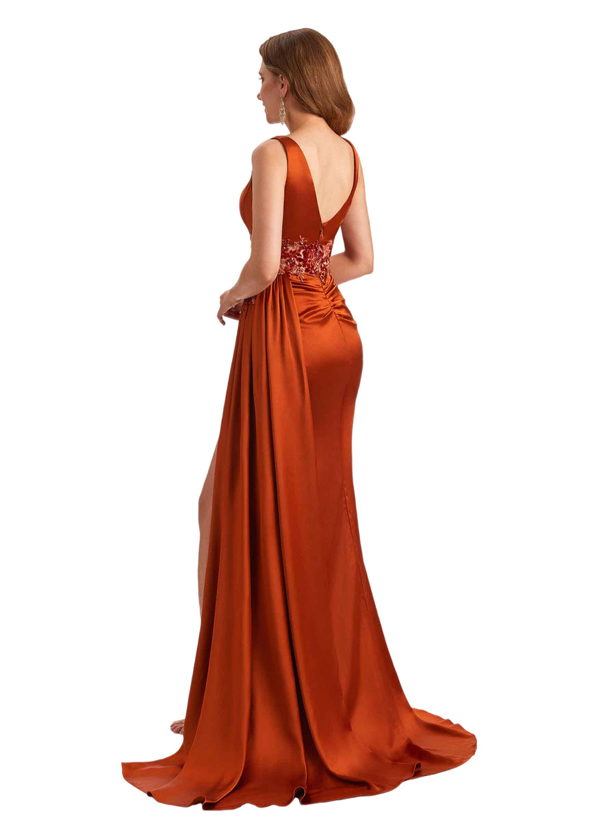Unique Soft Satin Mermaid Lace Applique Spaghetti Straps Side Slit Long Bridesmaid Dresses Online