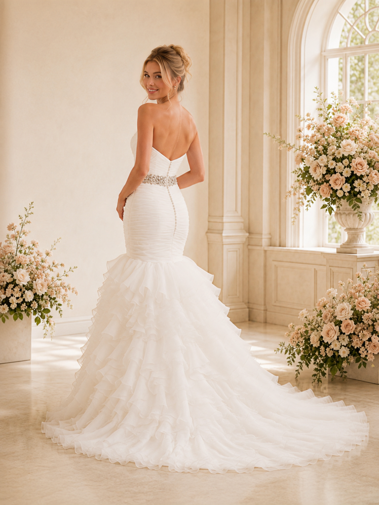 ChicSew Modern Sweetheart Mermaid Chiffon Floor-Length Pleated Ruffled Wedding Dress With Beading