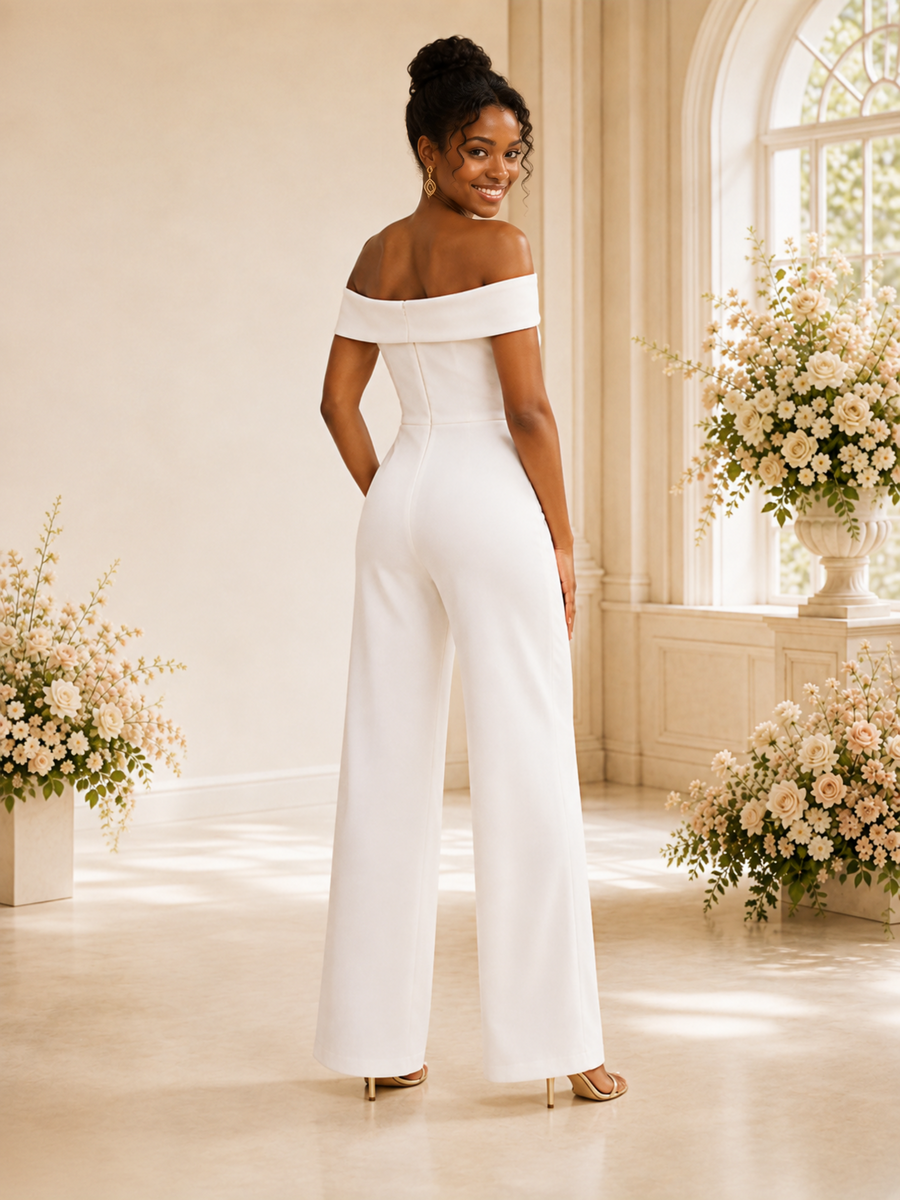ChicSew Modern Simple Off The Shoulder Crepe Floor-Length Wedding Jumpsuit