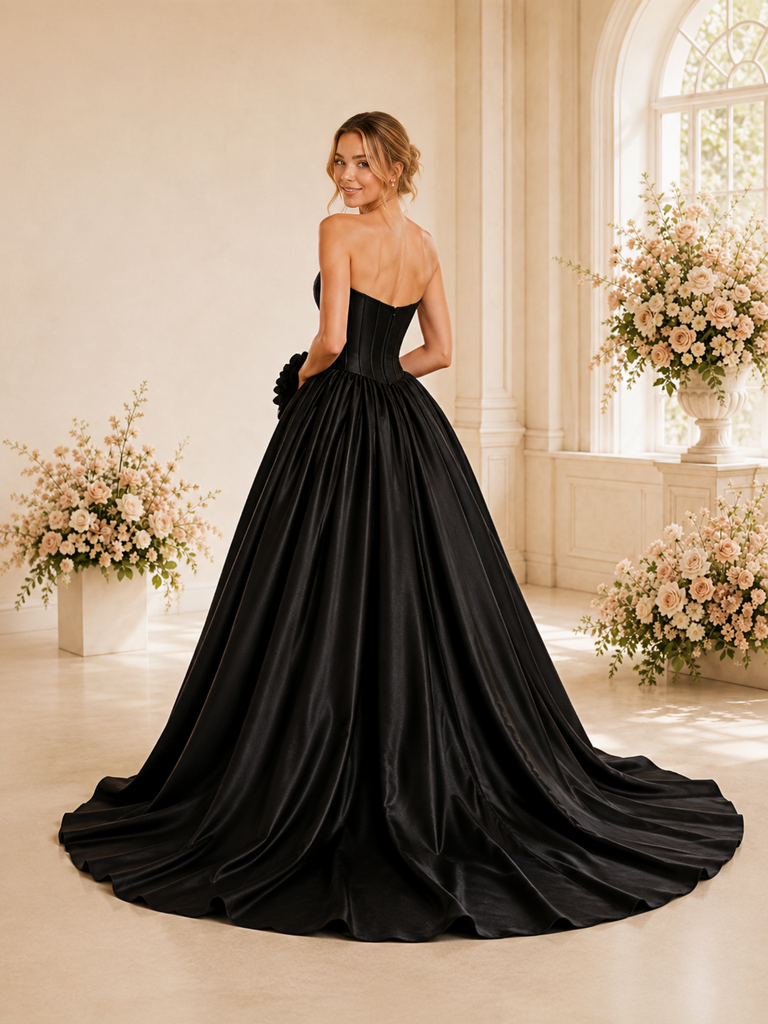 ChicSew Fancy Unique Sweetheart Boning A-Line Satin Side Slit Maxi Wedding Dress With Flower