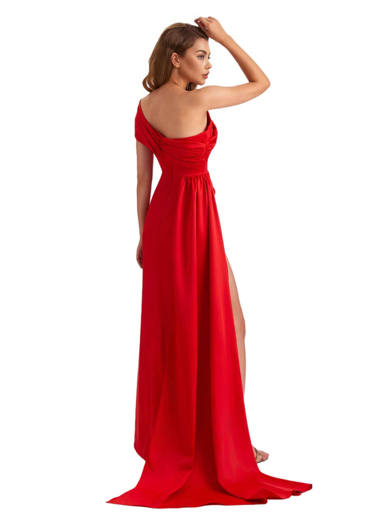 Sexy Soft Satin Mermaid One Shoulder Side Slit Pretty Long Bridesmaid Dresses Online