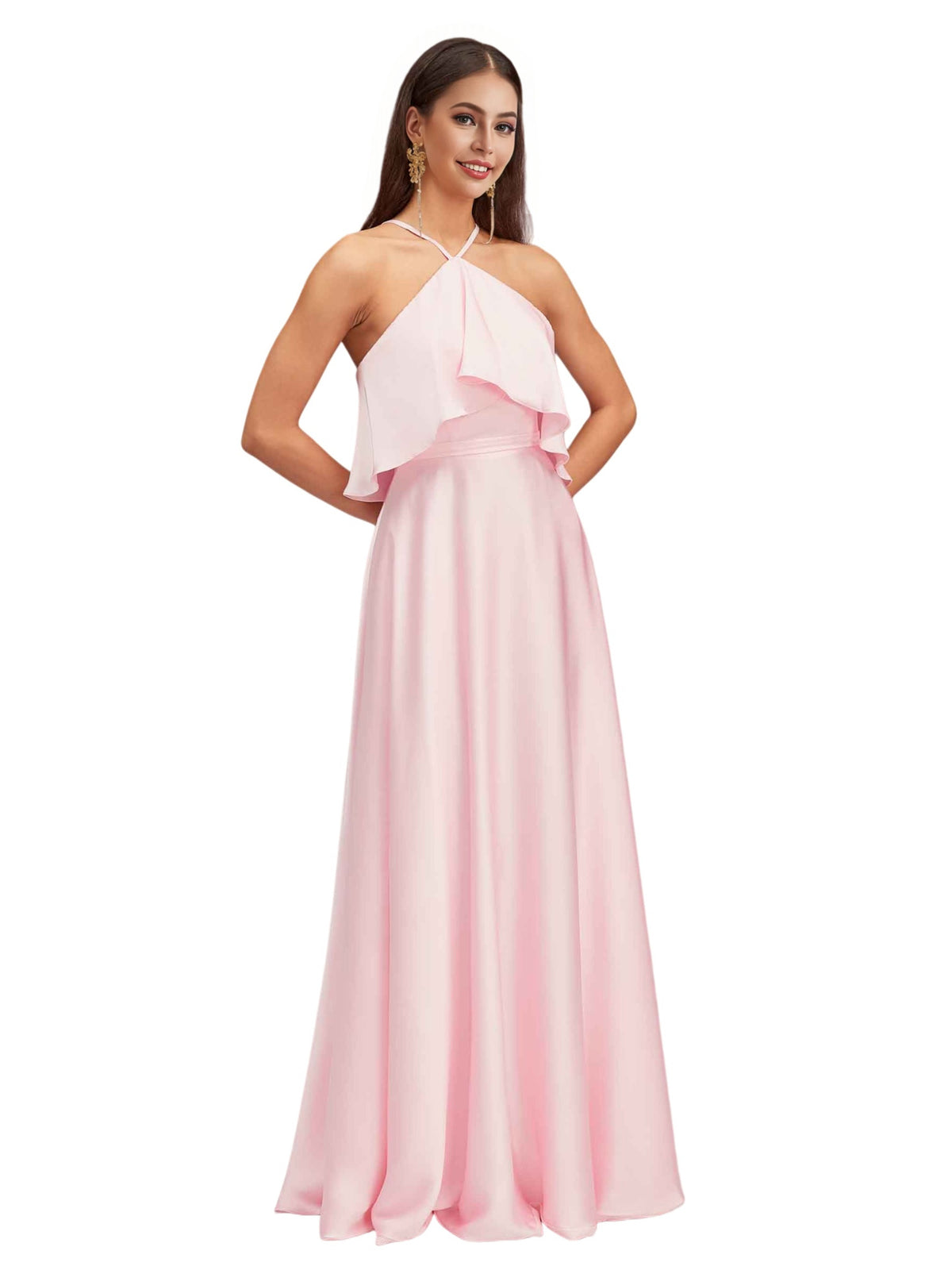 Elegant Halter Spaghetti Straps Soft Satin A-Line Long Bridesmaid Dresses