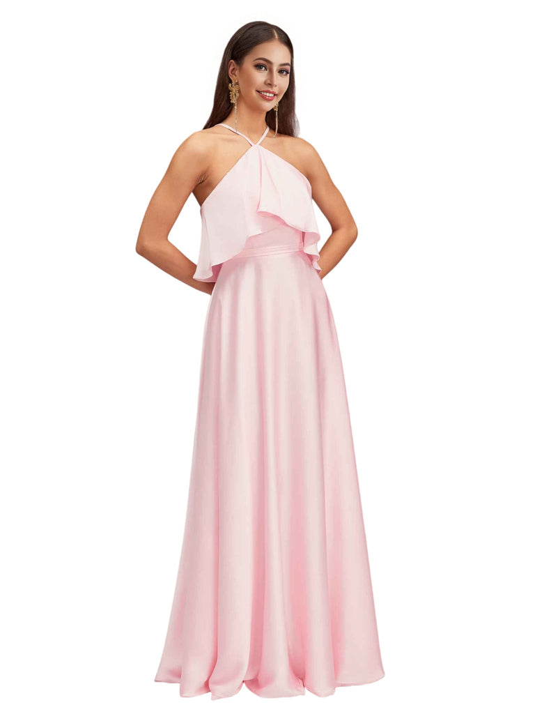 Elegant Halter Spaghetti Straps Soft Satin A-Line Long Bridesmaid Dresses