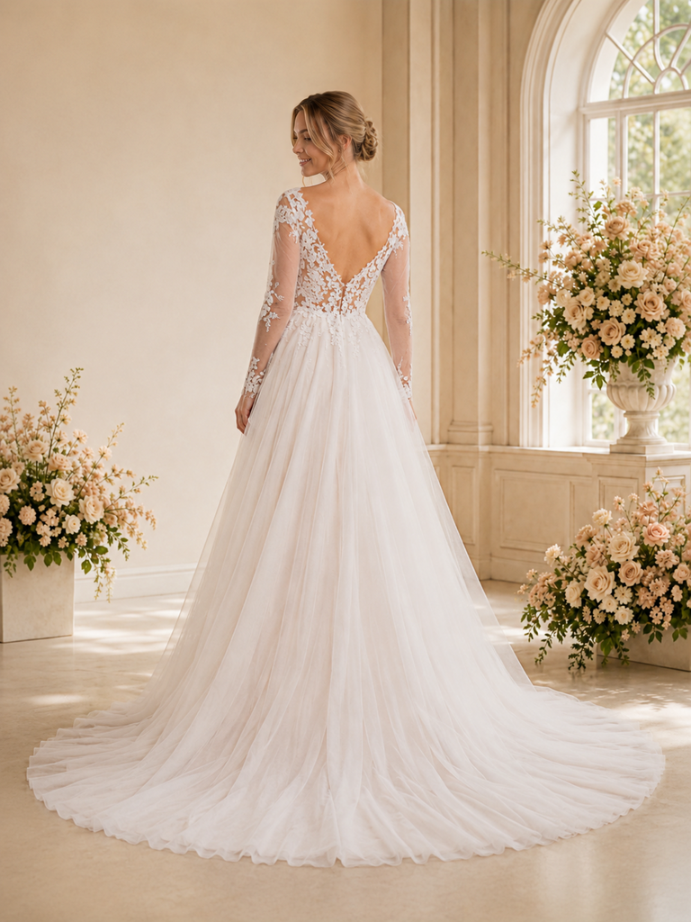 ChicSew Elegant V-Neck Long Sleeves Tulle Lace Appliques A-Line Maxi Wedding Dress