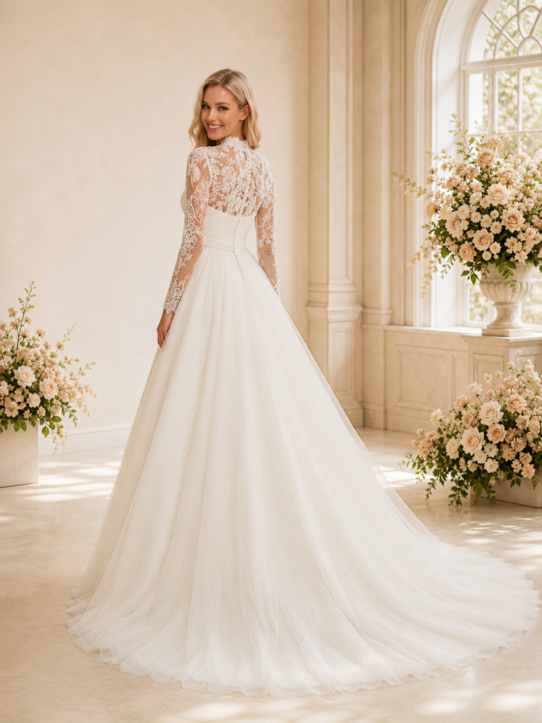 ChicSew Elegant Classy V-Neck Long Sleeves A-Line Lace Tulle Floor-Length Wedding Dress With Applique