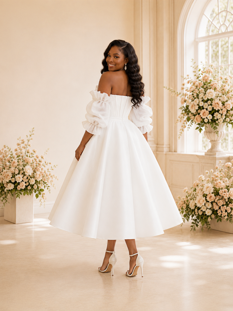 ChicSew Fancy Strapless Ruching Puff Sleeves A-Line Tea-Length Wedding Dress