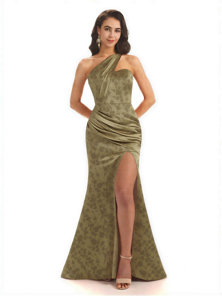 Sexy One Shoulder Side Slit Mermaid Satin Floral Formal Dresses For Women