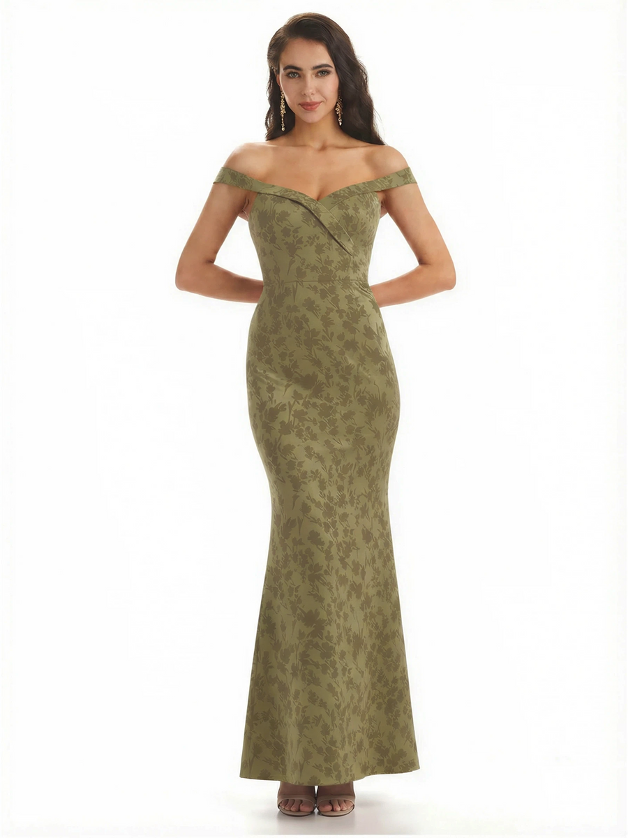 Simple Off Shoulder Mermaid Floral Satin Maxi Floral Formal Dresses For Women