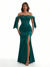 Sexy Off Shoulder Beading Ruched Satin Mermaid Silky Satin Long Formal Dresses Side Slit