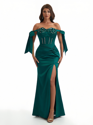 Sexy Off Shoulder Beading Ruched Satin Mermaid Silky Satin Long Formal Dresses Side Slit
