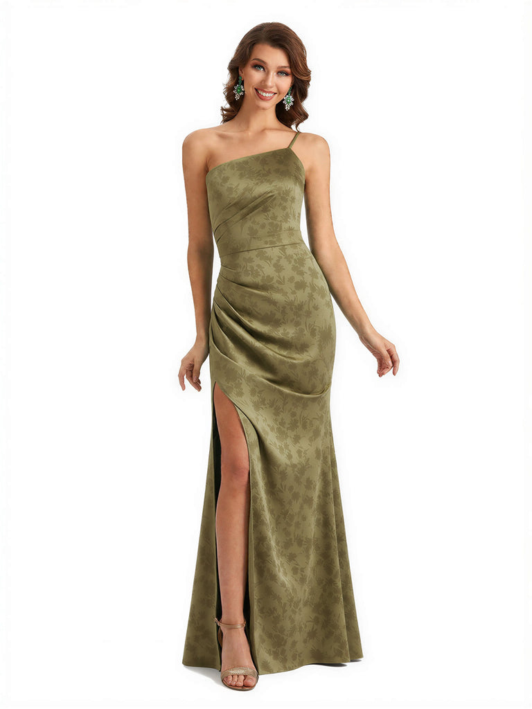 Simple One Shoulder Side Slit Sleeveless Mermaid Floral Satin Maxi Floral Formal Dresses For Women