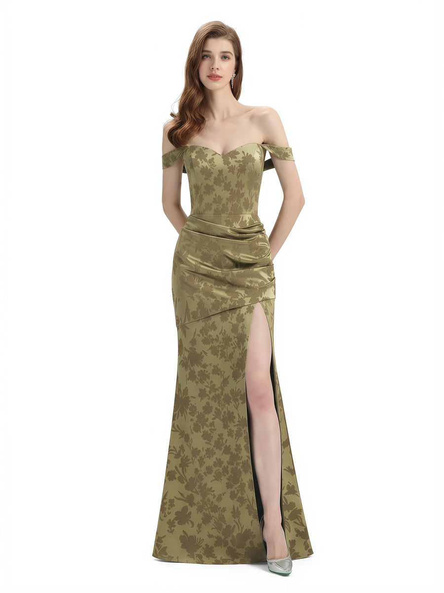Elegant Off Shoulder Mermaid Side Slit Floral Satin Maxi Floral Formal Dresses For Women