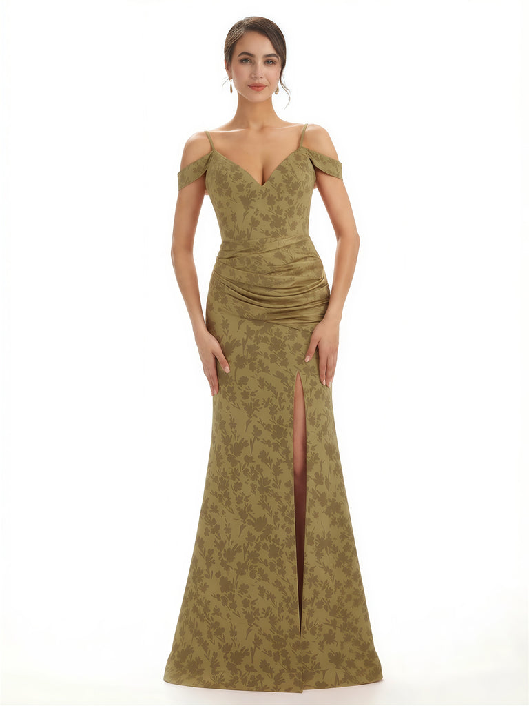 Trendy Cold Shoulder Side Slit Mermaid Floral Satin Maxi Floral Formal Dresses For Ladies