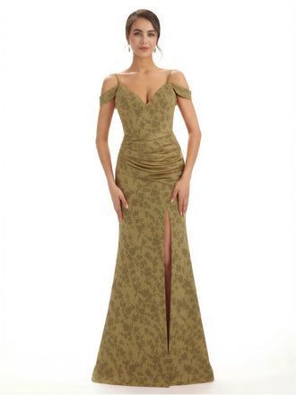 Trendy Cold Shoulder Side Slit Mermaid Floral Satin Maxi Floral Formal Dresses For Ladies