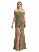 Simple Off Shoulder Side Slit Mermaid Long Satin Floral Formal Evening Dresses For Ladies