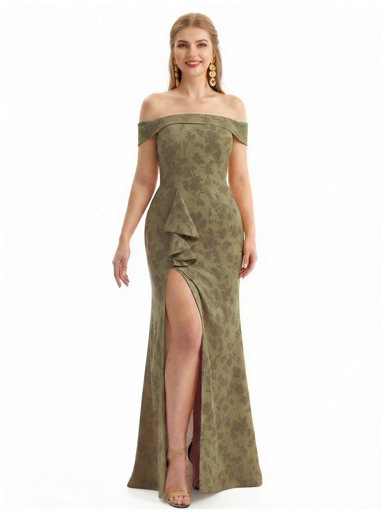 Simple Off Shoulder Side Slit Mermaid Long Satin Floral Formal Evening Dresses For Ladies