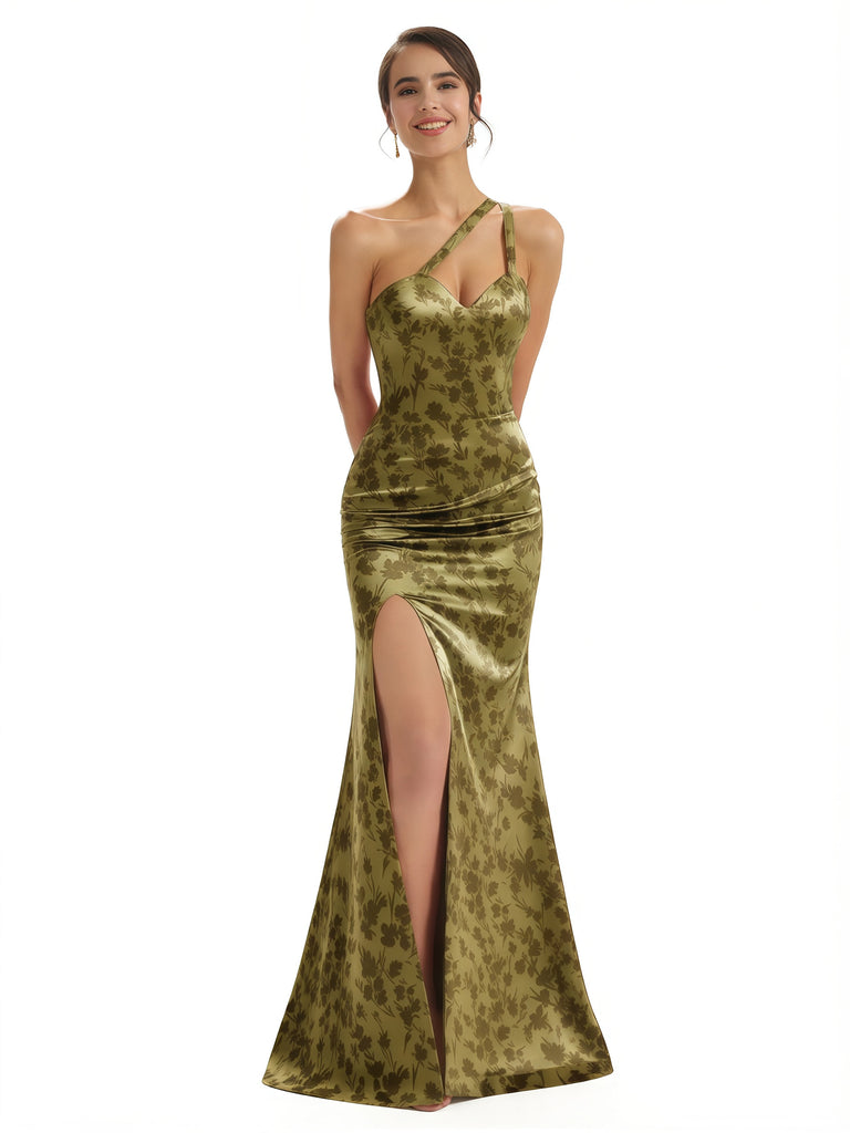 Elegant One Shoulder Side Slit Mermaid Floral Satin Maxi Floral Formal Dresses For Women