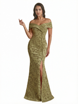 Sexy Off Shoulder Mermaid Long Satin Floral Formal Dresses For Women