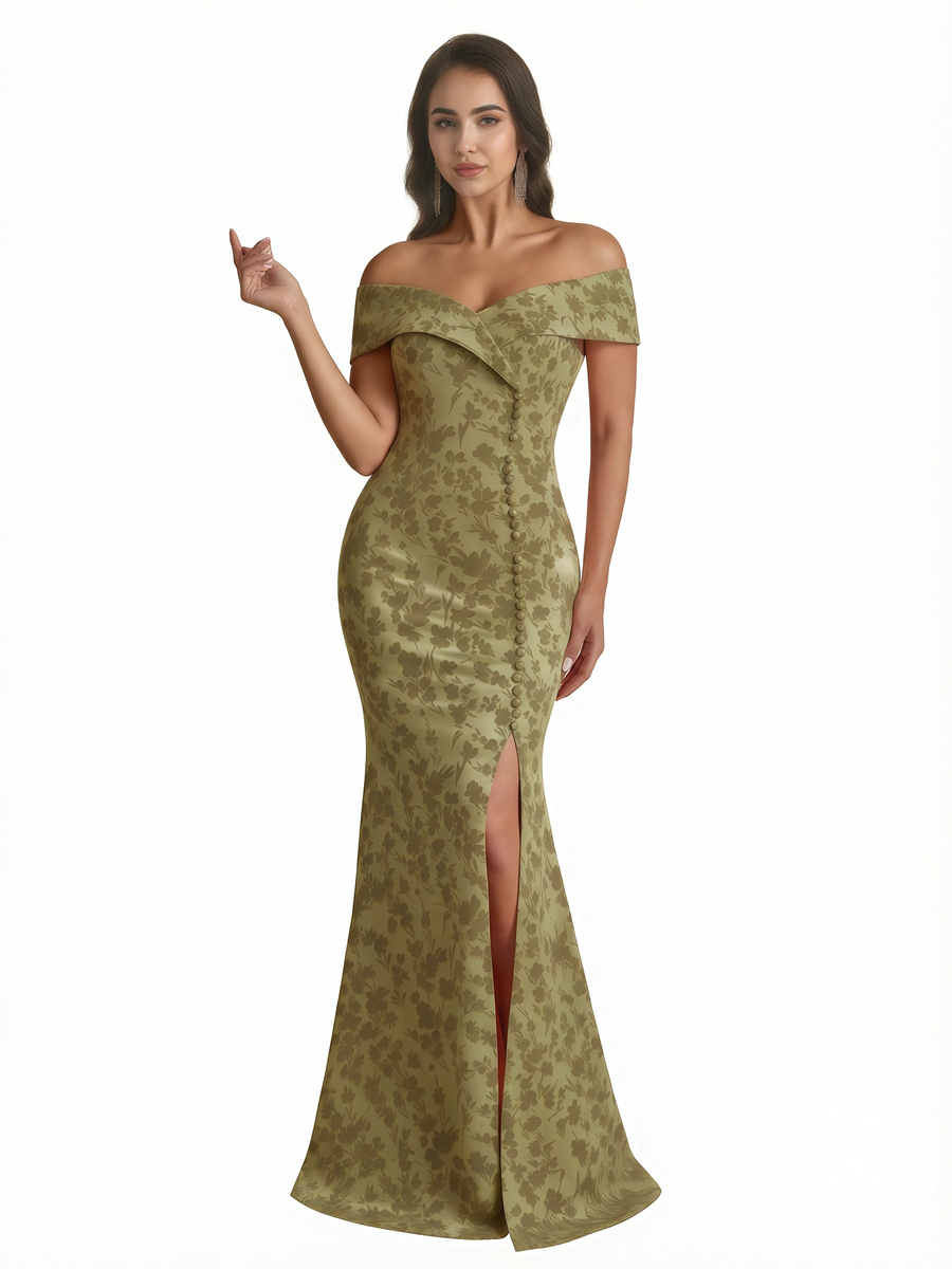 Sexy Off Shoulder Mermaid Long Satin Floral Formal Dresses For Women