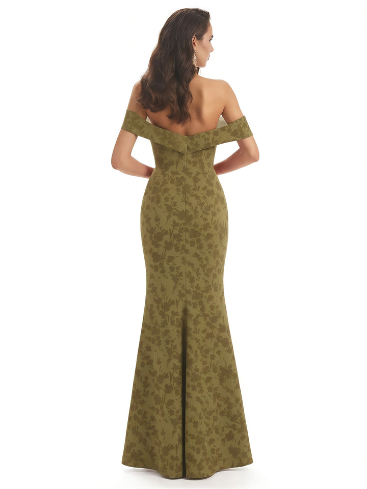 Elegant Off Shoulder Mermaid Floral Satin Maxi Floral Formal Evening Dresses