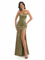 Sexy Sweetheart Side Slit Mermaid Long Satin Floral Formal Dresses For Women