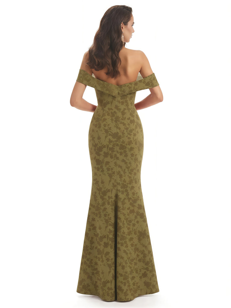 Elegant Off Shoulder Mermaid Floral Satin Maxi Floral Formal Evening Dresses