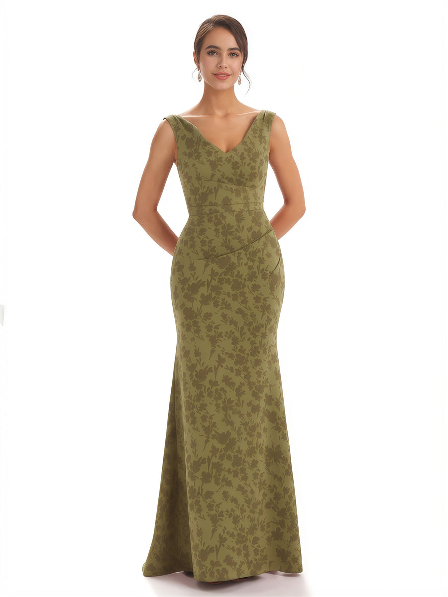 Trendy V-Neck Mermaid Floral Satin Maxi Floral Formal Evening Dresses For Women