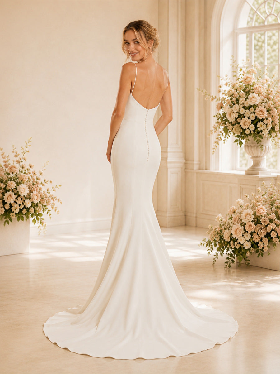 ChicSew Elegant Mermaid V-Neck Spaghetti Straps Sleeveless Satin Long Wedding Dresses
