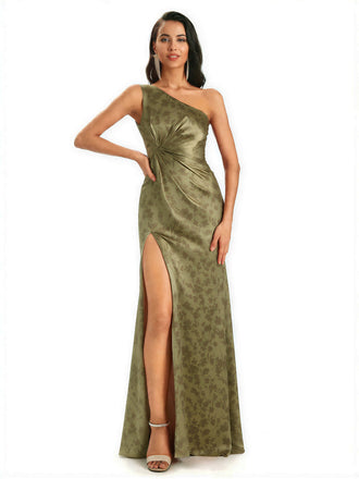Elegant One Shoulder Mermaid Side Slit Floral Satin Maxi Floral Formal Dresses For Women