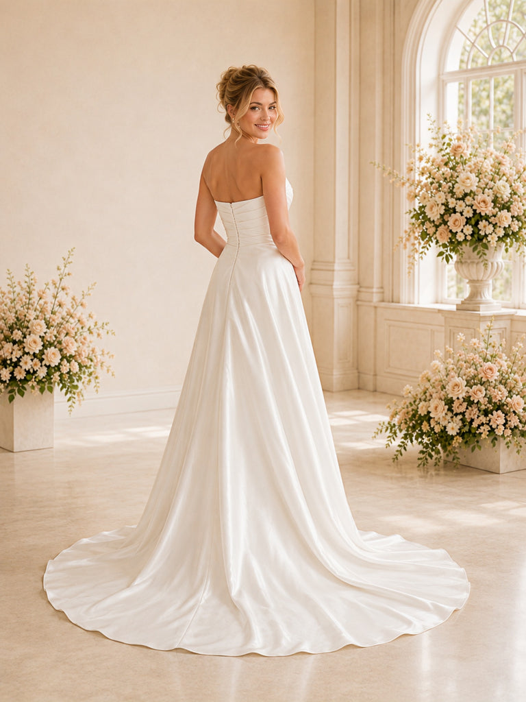 ChicSew Elegant Strapless Side Slit Ruching Satin A-Line Long Wedding Dresses