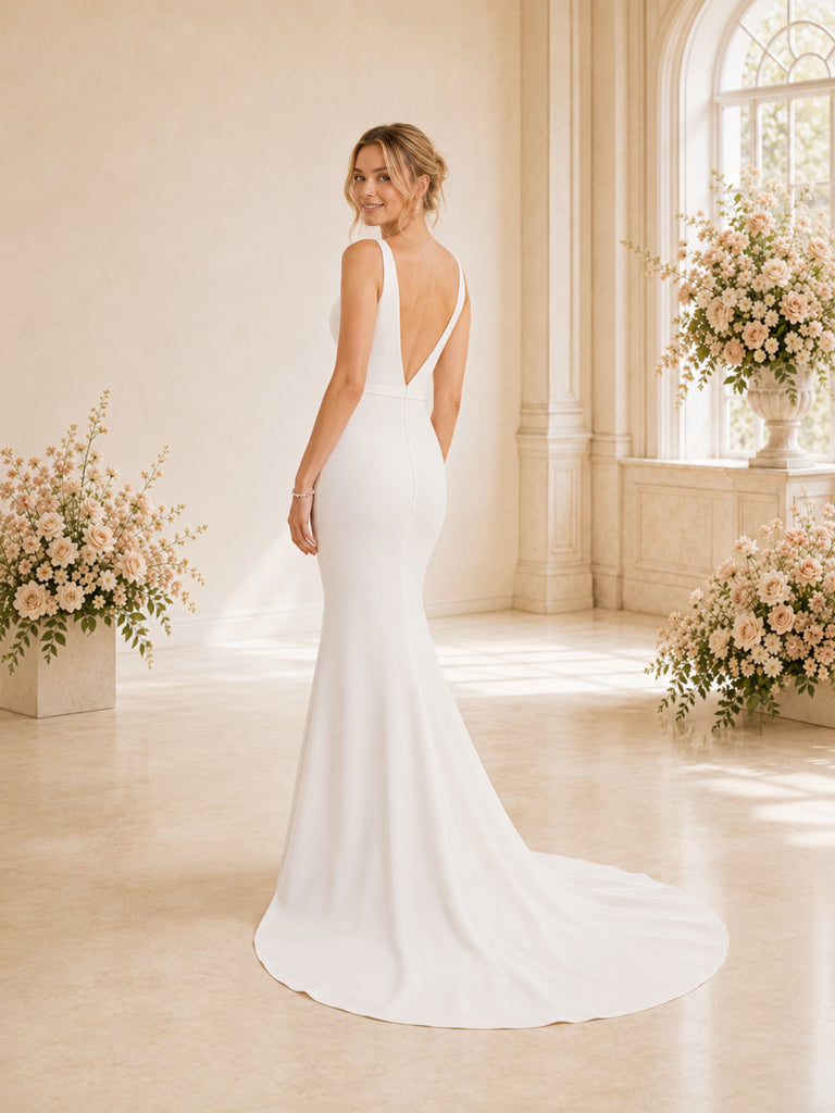 ChicSew Spaghetti Straps V-Neck Crepe Mermaid Long Wedding Dresses Online