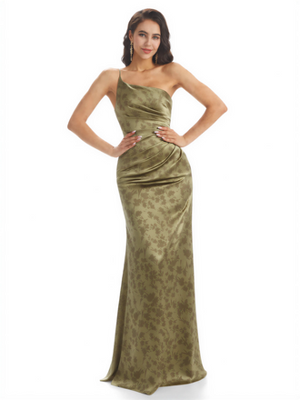 Elegant One Shoulder Mermaid Satin Maxi Floral Formal Dresses For Women Side Slit