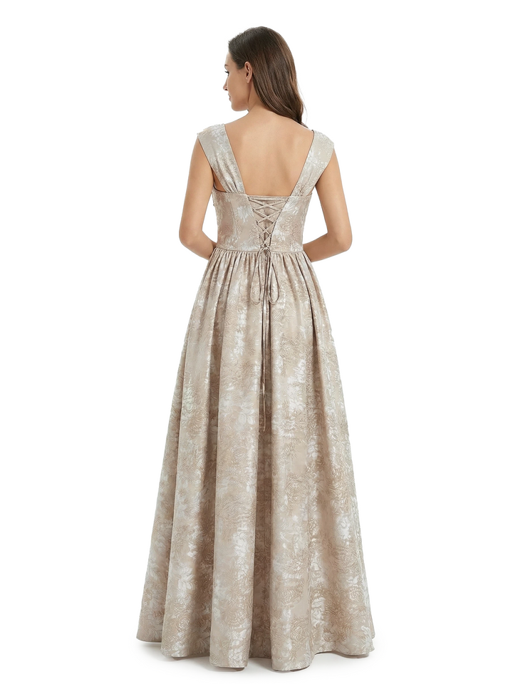 ChicSew Fancy Jacquard Satin Square Neck A-Line Long Evening Dresses For Women