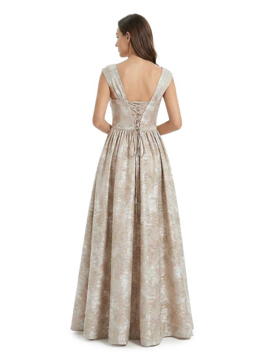 ChicSew Fancy Jacquard Satin Square Neck A-Line Long Evening Dresses For Women
