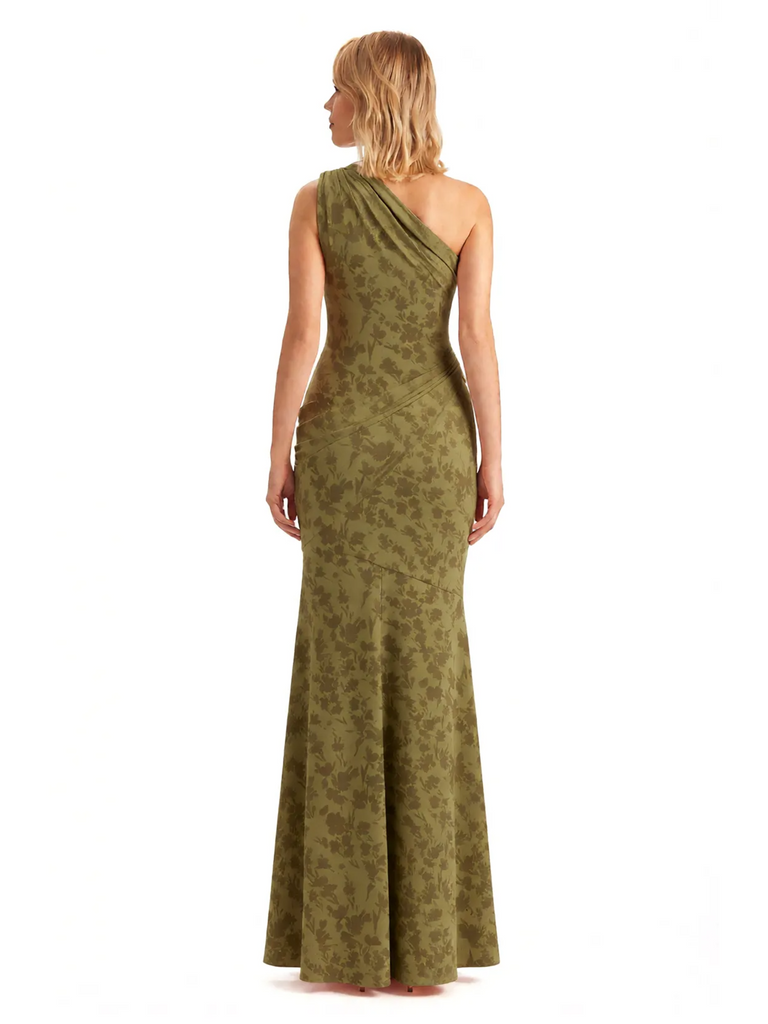 Sexy One Shoulder Side Slit Mermaid Long Satin Floral Formal Dresses For Women