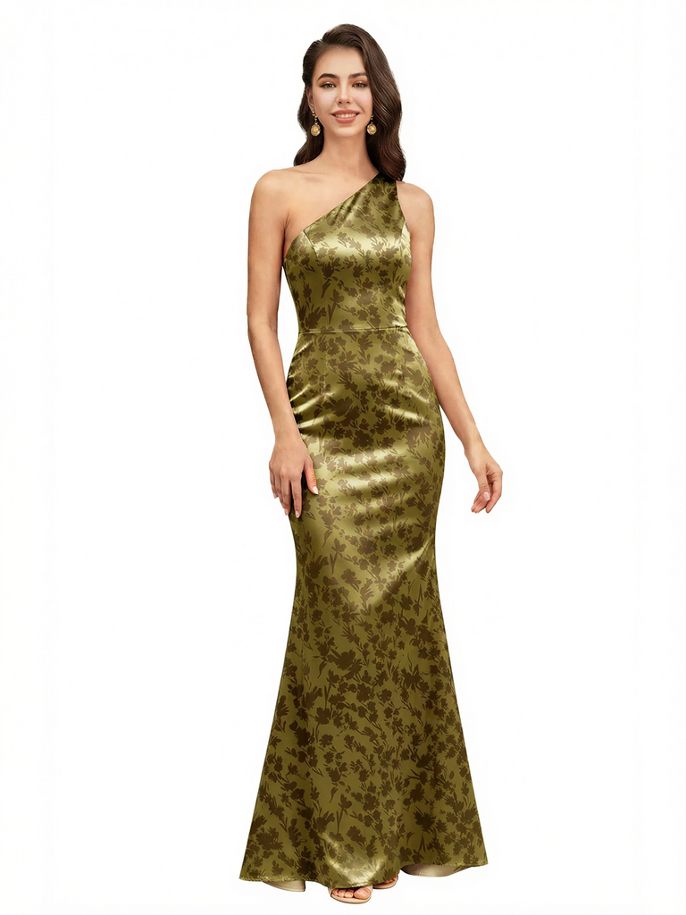 Elegant One Shoulder Mermaid Floral Satin Maxi Floral Formal Dresses For Women