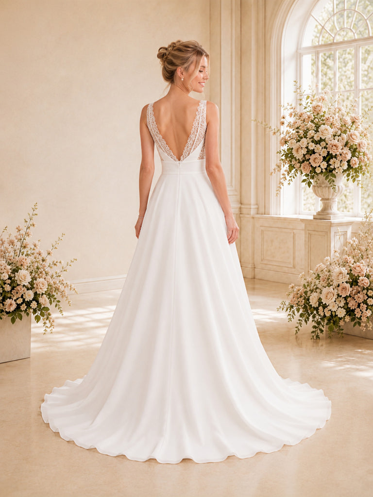 ChicSew Elegant V-Neck Spaghetti Straps Sleeveless Lace Chiffon A-Line Long Wedding Dress