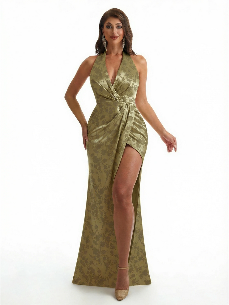 Simple Halter Side Slit Mermaid Floral Satin Maxi Floral Formal Dresses For Women