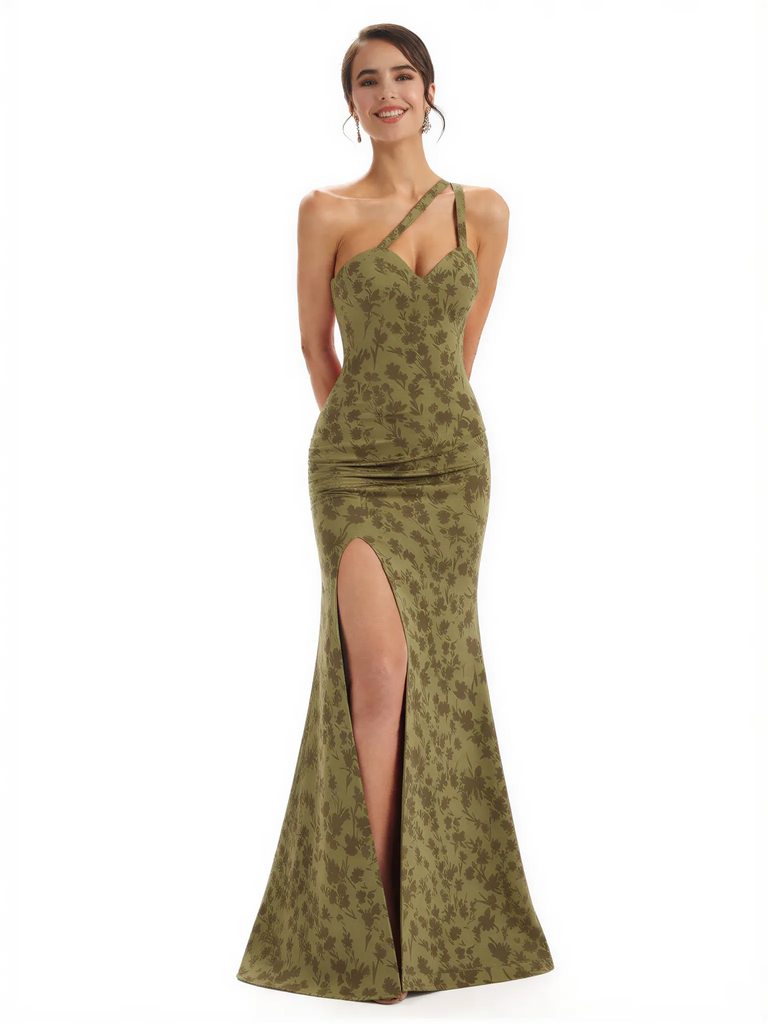 Elegant One Shoulder Mermaid Satin Maxi Floral Formal Dresses For Women Side Slit