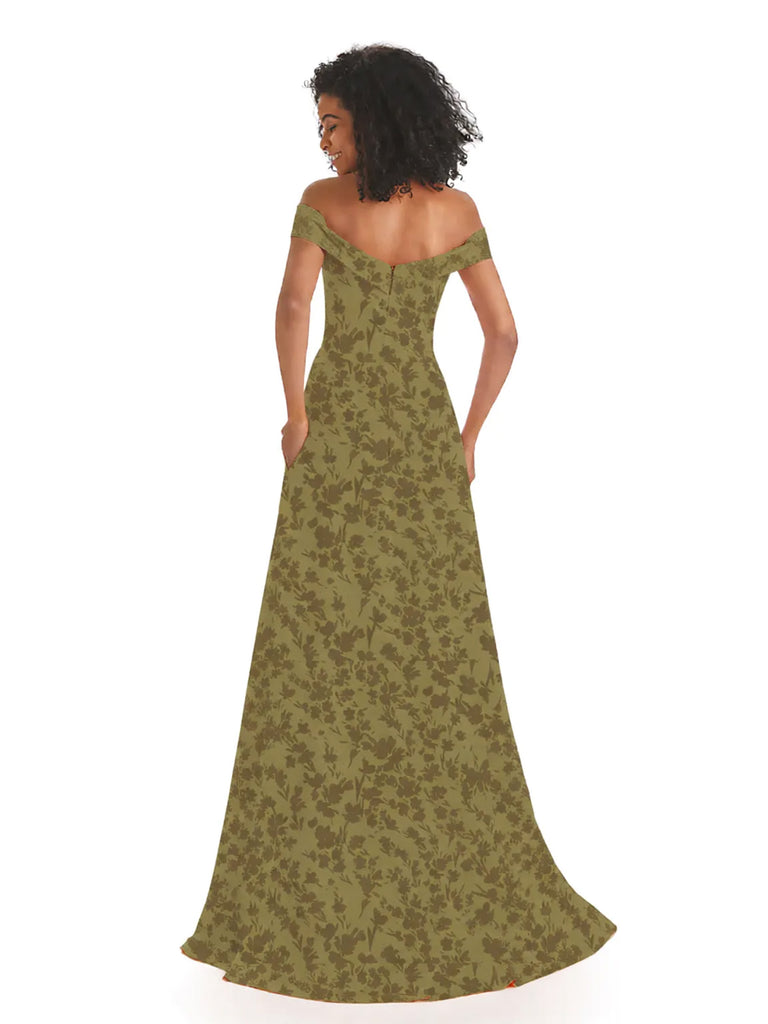 Trendy Off Shoulder A-Line Long Floral Satin Women Formal Evening Dresses