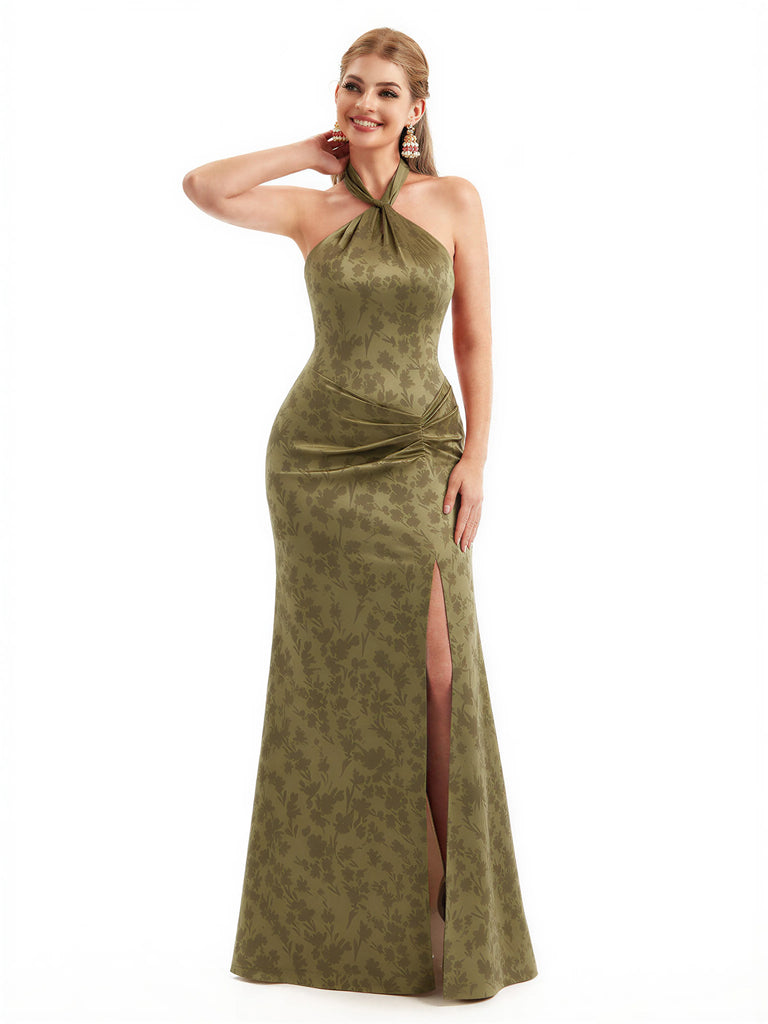 Beautiful Halter Side Slit Mermaid Floral Satin Maxi Floral Formal Dresses For Women