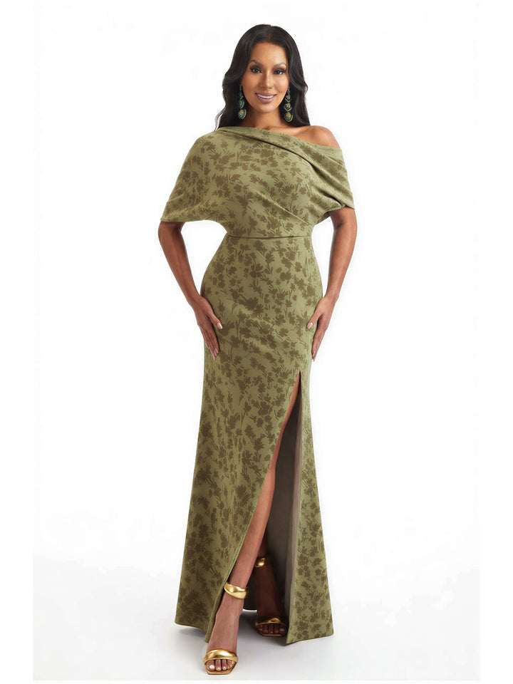 Elegant Half Sleeves Side Slit Mermaid Floral Satin Maxi Floral Formal Dresses For Women