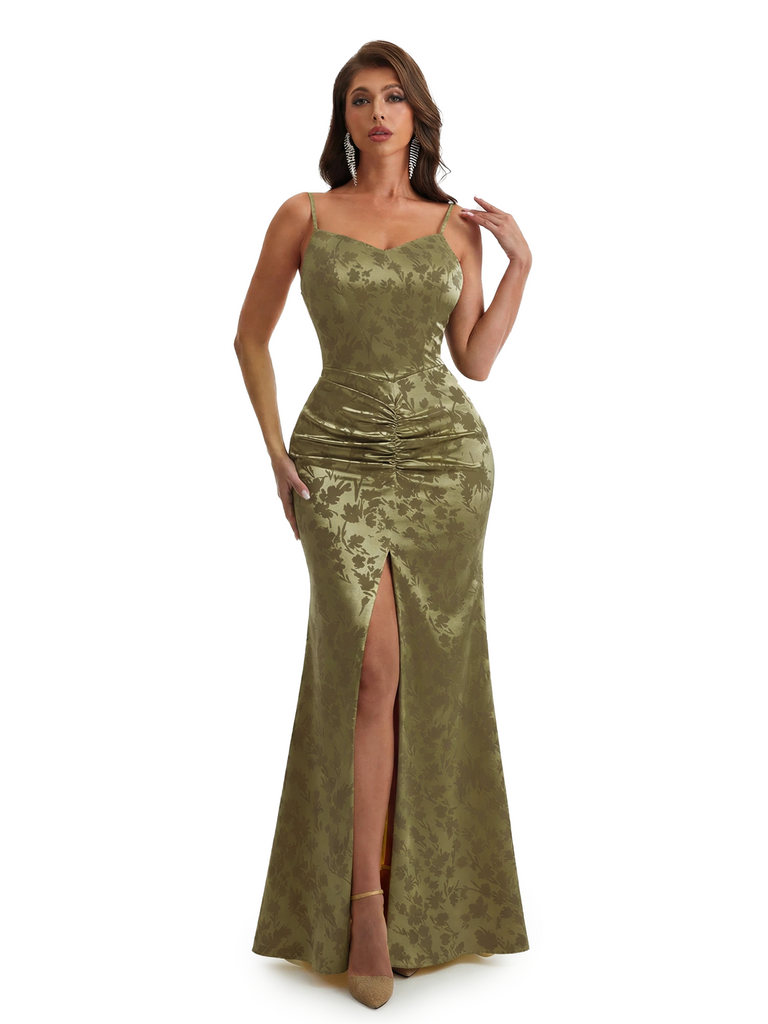 Simple Spaghetti Straps Slit Mermaid Floral Satin Maxi Floral Formal Dresses For Women