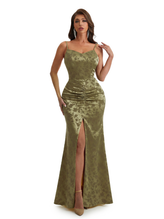 Simple Spaghetti Straps Slit Mermaid Floral Satin Maxi Floral Formal Dresses For Women