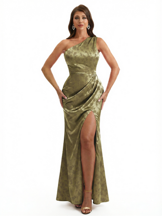 Simple One Shoulder Side Slit Mermaid Floral Satin Maxi Floral Formal Dresses For Women
