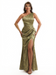 Simple One Shoulder Side Slit Mermaid Floral Satin Maxi Floral Formal Dresses For Women