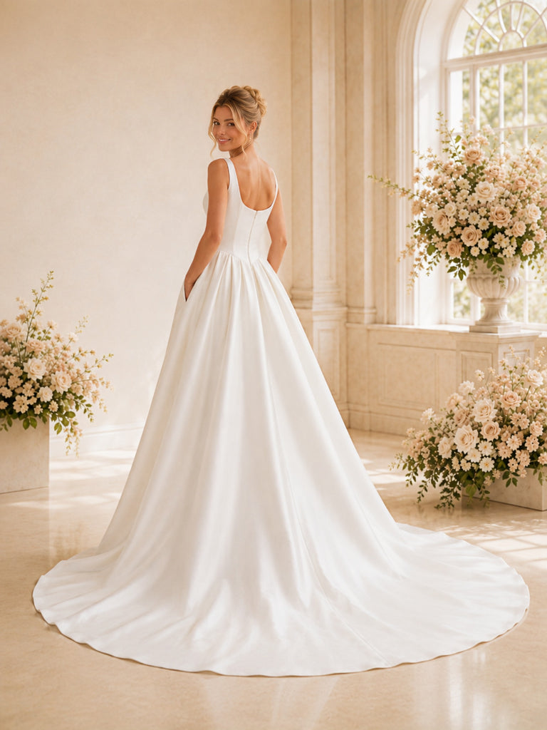 ChicSew Elegant Spaghetti Straps Square Satin A-Line Long Wedding Dresses With Boning