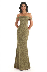 Trendy Off Shoulder Mermaid Floral Satin Maxi Floral Evening Formal Dresses