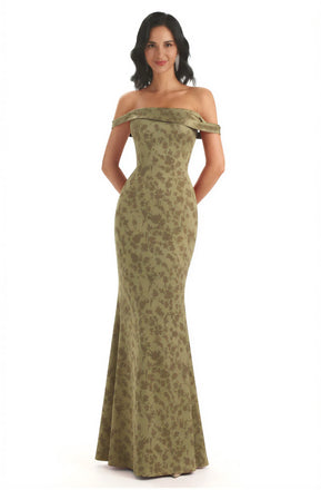 Trendy Off Shoulder Mermaid Floral Satin Maxi Floral Evening Formal Dresses
